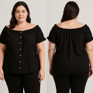 Coin 1804 Los Angeles Textured Swiss Dot Off-Shoulder Top – Size 1X Black